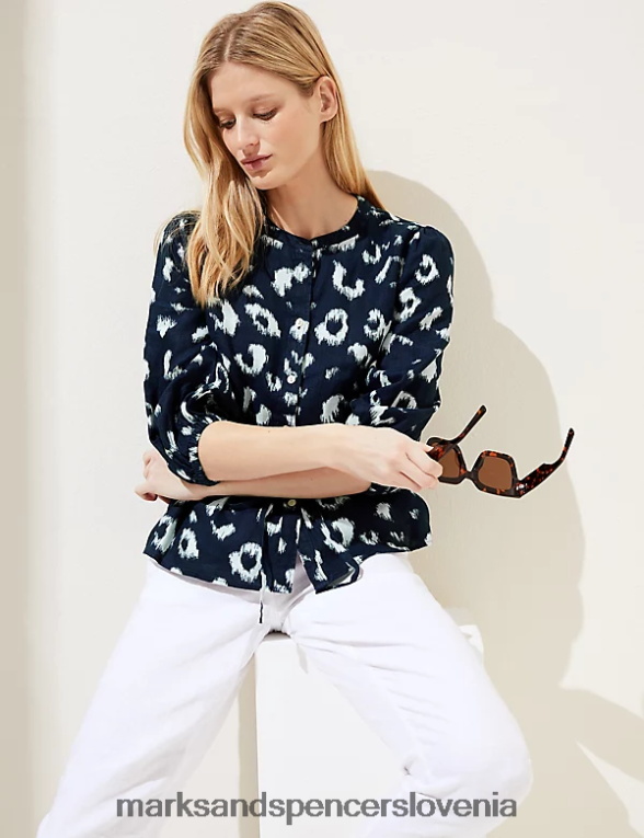 pasirana bluza iz čistega lanu z živalskim potiskom mornarska mešanica Marks & Spencer oblačila ženske 6T8F6X531