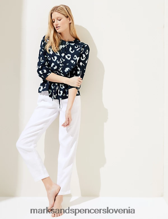pasirana bluza iz čistega lanu z živalskim potiskom mornarska mešanica Marks & Spencer oblačila ženske 6T8F6X531