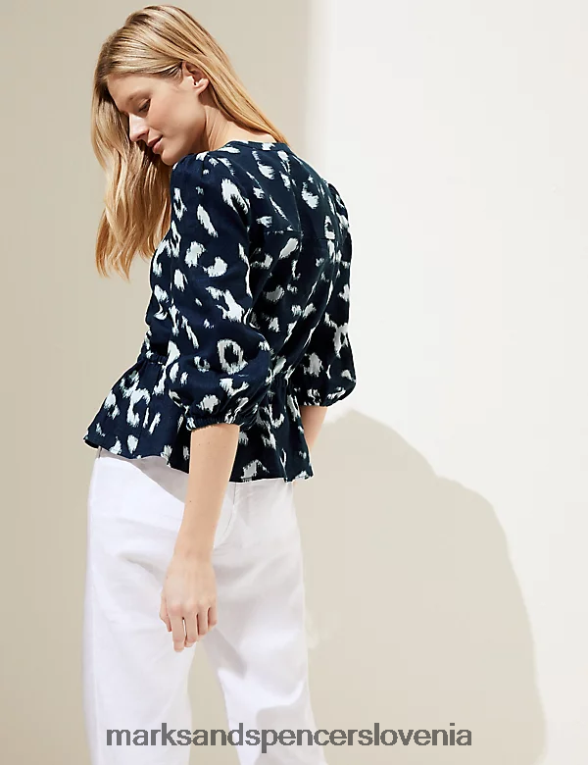 pasirana bluza iz čistega lanu z živalskim potiskom mornarska mešanica Marks & Spencer oblačila ženske 6T8F6X531