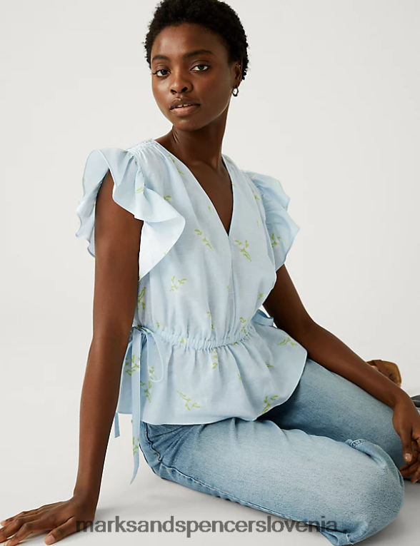 pasirana bluza iz mešanice volančkov modra mešanica Marks & Spencer oblačila ženske 6T8F6X2255