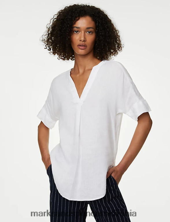 popover bluza s kratkimi rokavi iz čistega lanu bela Marks & Spencer oblačila ženske 6T8F6X2100