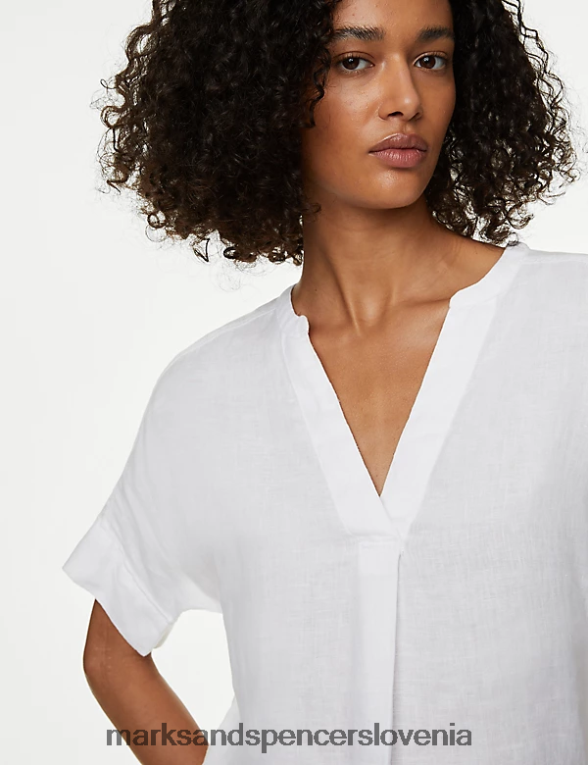 popover bluza s kratkimi rokavi iz čistega lanu bela Marks & Spencer oblačila ženske 6T8F6X2100