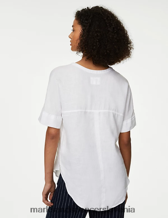 popover bluza s kratkimi rokavi iz čistega lanu bela Marks & Spencer oblačila ženske 6T8F6X2100