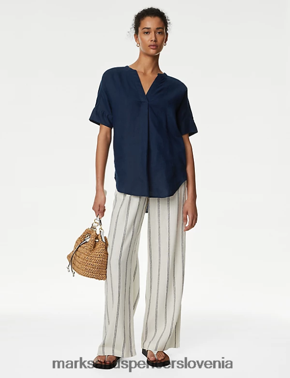 popover bluza s kratkimi rokavi iz čistega lanu mornarica Marks & Spencer oblačila ženske 6T8F6X2439