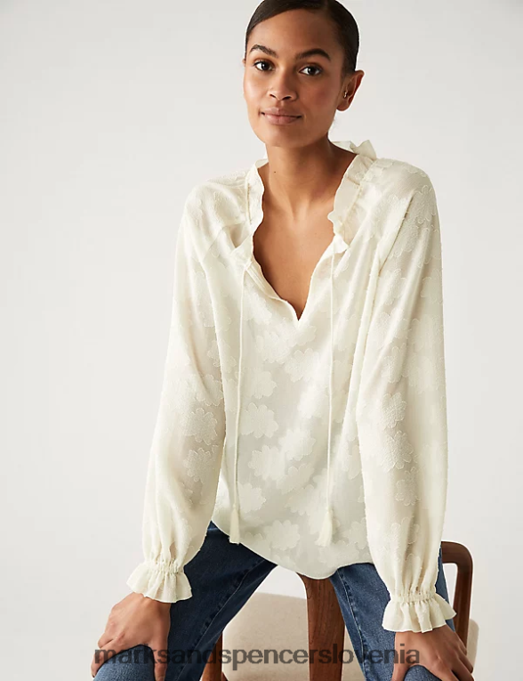 popover bluza z v-izrezom iz žakarda slonovina Marks & Spencer oblačila ženske 6T8F6X2274