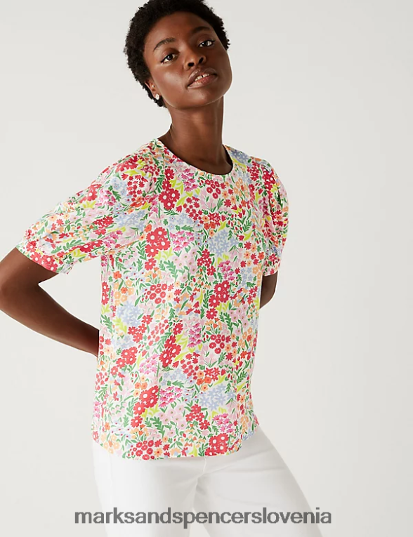 potiskana bluza s puf rokavi multi Marks & Spencer oblačila ženske 6T8F6X2478