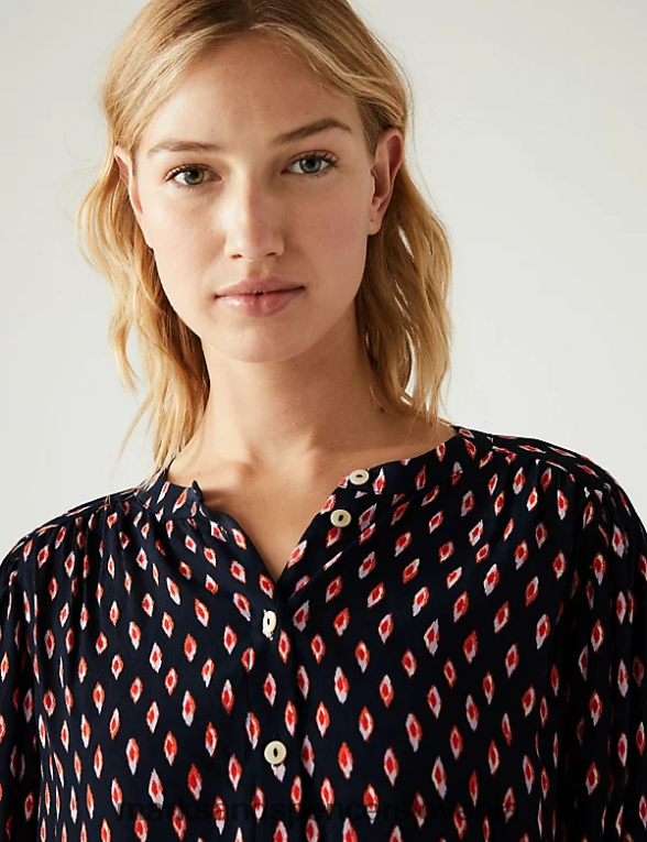 potiskana bluza z okroglim izrezom mornarska mešanica Marks & Spencer oblačila ženske 6T8F6X186
