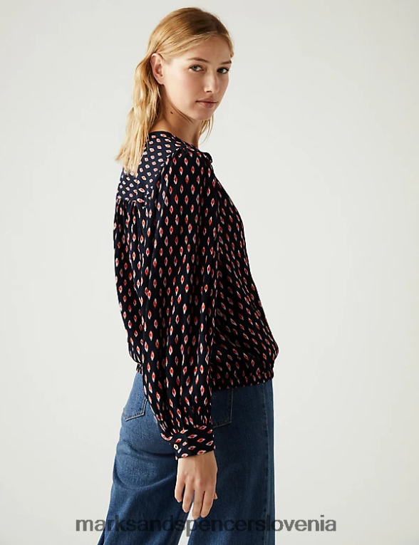 potiskana bluza z okroglim izrezom mornarska mešanica Marks & Spencer oblačila ženske 6T8F6X186