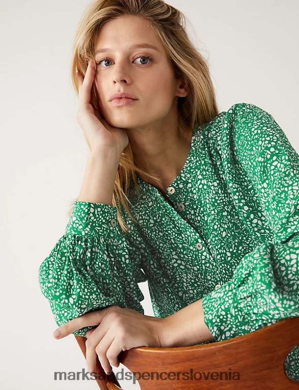 potiskana bluza z okroglim izrezom zelena mešanica Marks & Spencer oblačila ženske 6T8F6X509