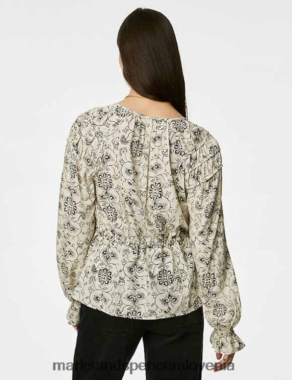 potiskana bluza z ovratnikom ecru mešanica Marks & Spencer oblačila ženske 6T8F6X609