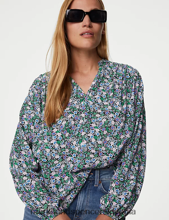potiskana običajna bluza z dolgimi rokavi temno modra mešanica Marks & Spencer oblačila ženske 6T8F6X835