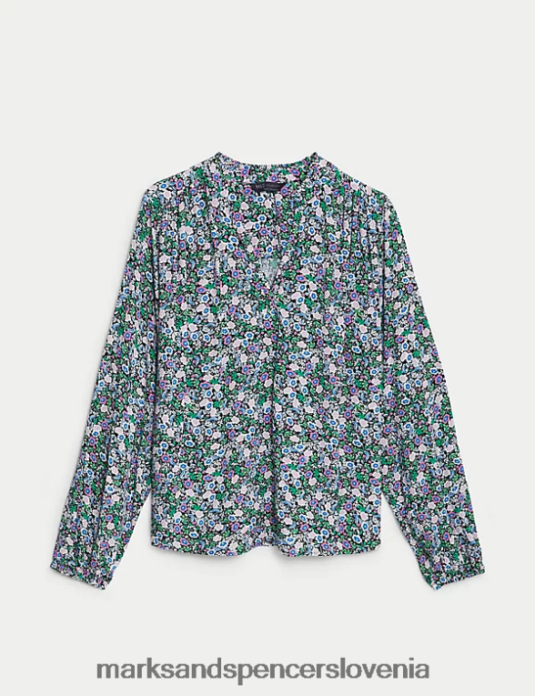 potiskana običajna bluza z dolgimi rokavi temno modra mešanica Marks & Spencer oblačila ženske 6T8F6X835