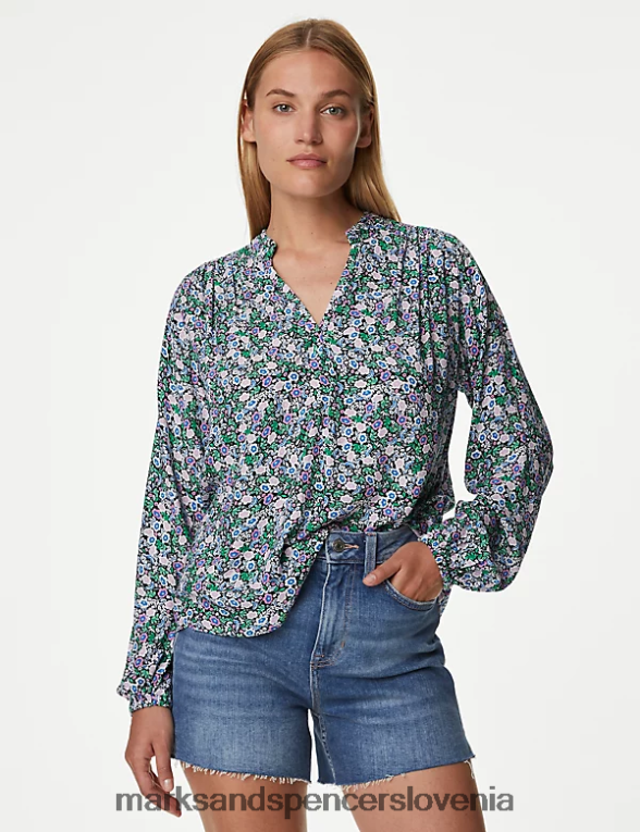 potiskana običajna bluza z dolgimi rokavi temno modra mešanica Marks & Spencer oblačila ženske 6T8F6X835