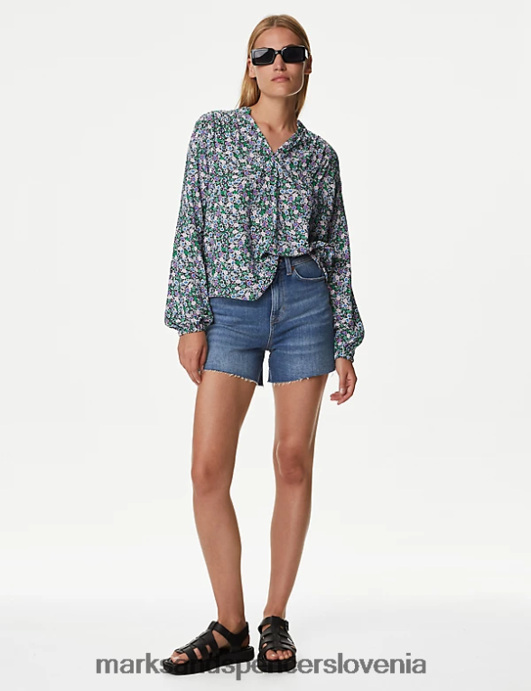 potiskana običajna bluza z dolgimi rokavi temno modra mešanica Marks & Spencer oblačila ženske 6T8F6X835