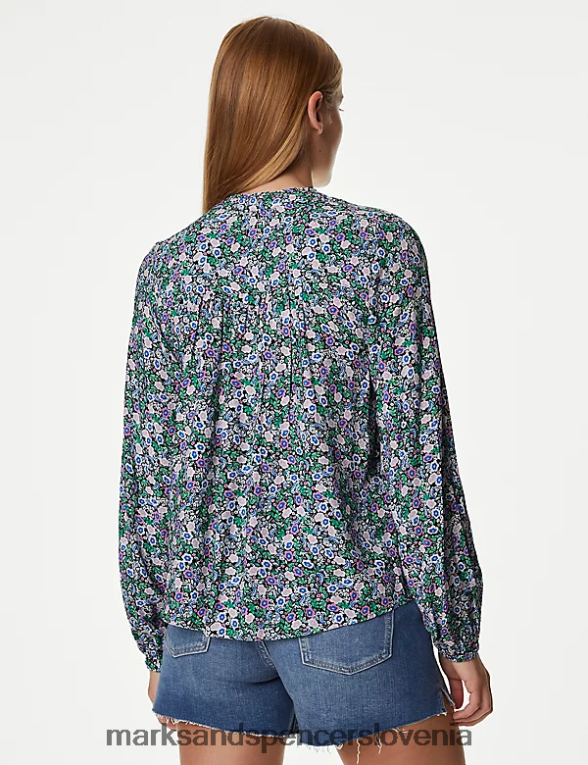 potiskana običajna bluza z dolgimi rokavi temno modra mešanica Marks & Spencer oblačila ženske 6T8F6X835