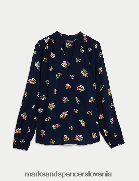 potiskana običajna bluza z dolgimi rokavi temno mornarska mešanica Marks & Spencer oblačila ženske 6T8F6X834