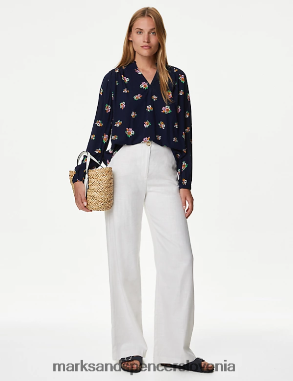 potiskana običajna bluza z dolgimi rokavi temno mornarska mešanica Marks & Spencer oblačila ženske 6T8F6X834
