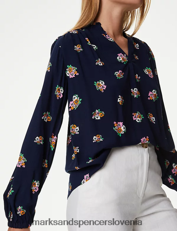 potiskana običajna bluza z dolgimi rokavi temno mornarska mešanica Marks & Spencer oblačila ženske 6T8F6X834