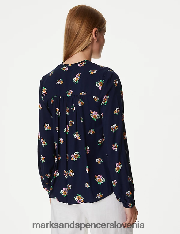 potiskana običajna bluza z dolgimi rokavi temno mornarska mešanica Marks & Spencer oblačila ženske 6T8F6X834