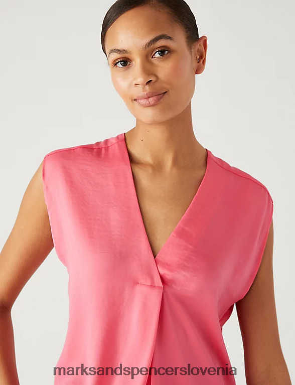 satenasta popover bluza z v-izrezom srednje roza Marks & Spencer oblačila ženske 6T8F6X924