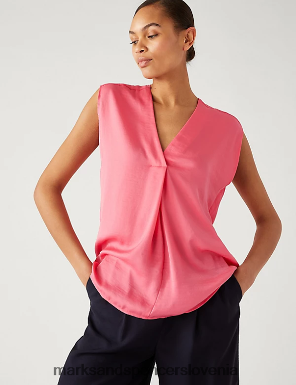 satenasta popover bluza z v-izrezom srednje roza Marks & Spencer oblačila ženske 6T8F6X924