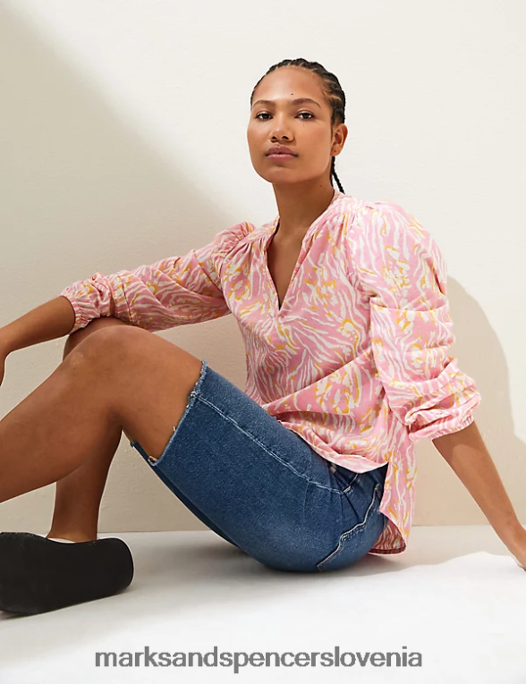 sproščena bluza z v-izrezom in bogatim lanom roza mešanica Marks & Spencer oblačila ženske 6T8F6X1504