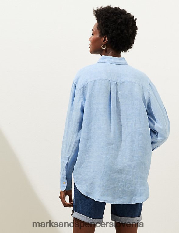 sproščena srajca z ovratnikom iz čistega lanu lahki chambray Marks & Spencer oblačila ženske 6T8F6X1240