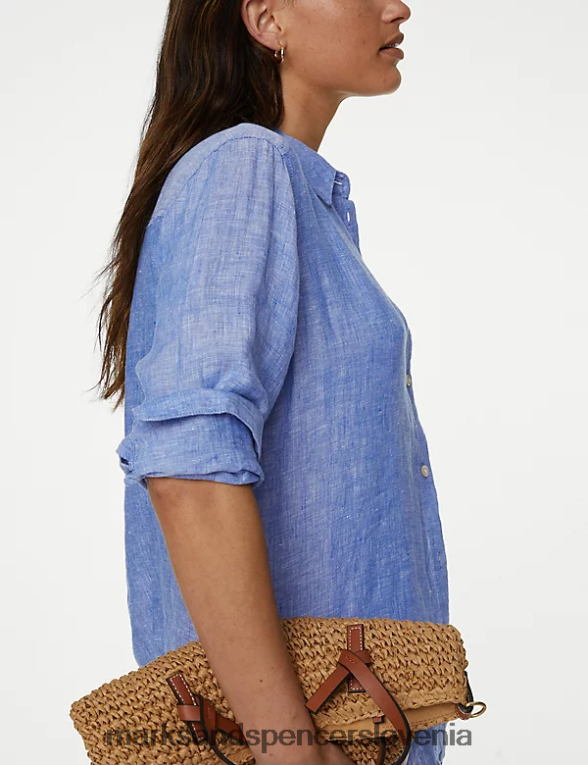 srajca z dolgimi rokavi iz čistega lanu chambray Marks & Spencer oblačila ženske 6T8F6X2061