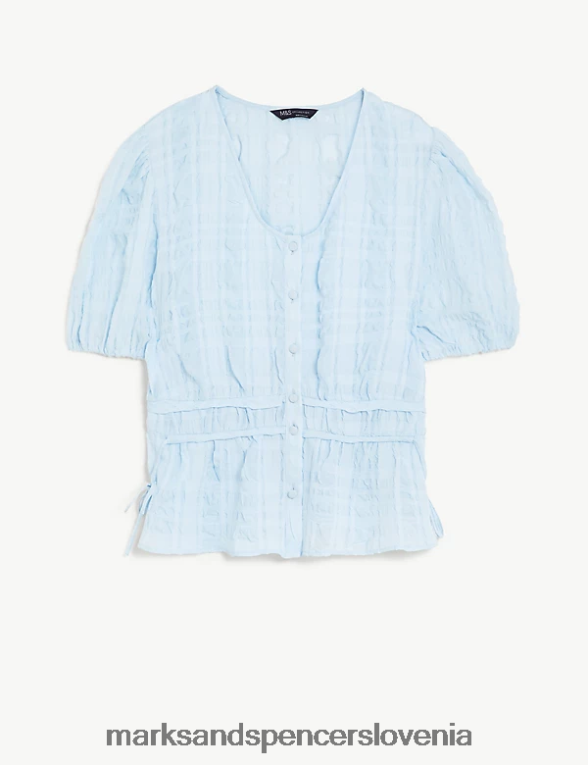teksturiran gumb z v-izrezom skozi bluzo ledeno modra Marks & Spencer oblačila ženske 6T8F6X1783