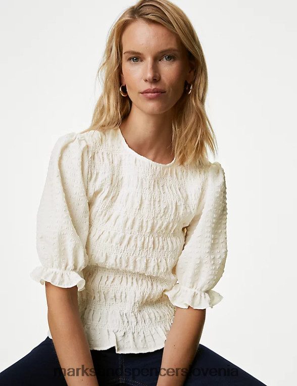 teksturirana pasirana bluza z okroglim izrezom slonovina Marks & Spencer oblačila ženske 6T8F6X426
