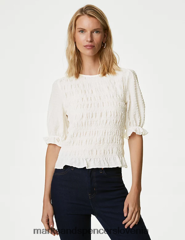 teksturirana pasirana bluza z okroglim izrezom slonovina Marks & Spencer oblačila ženske 6T8F6X426