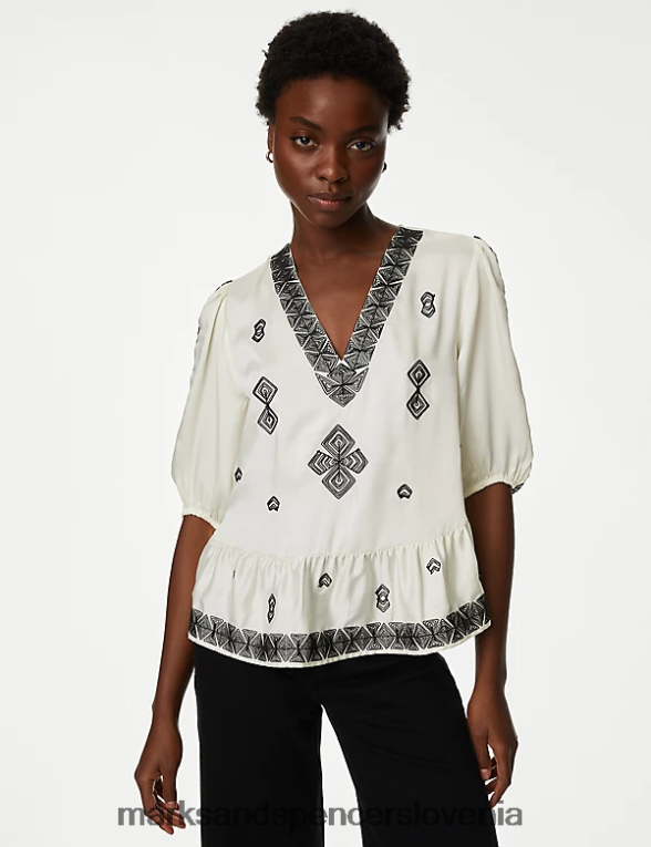 vezena bluza z v-izrezom mešanica slonovine Marks & Spencer oblačila ženske 6T8F6X645