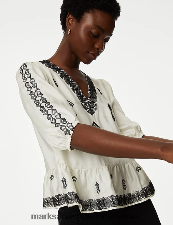 vezena bluza z v-izrezom mešanica slonovine Marks & Spencer oblačila ženske 6T8F6X645