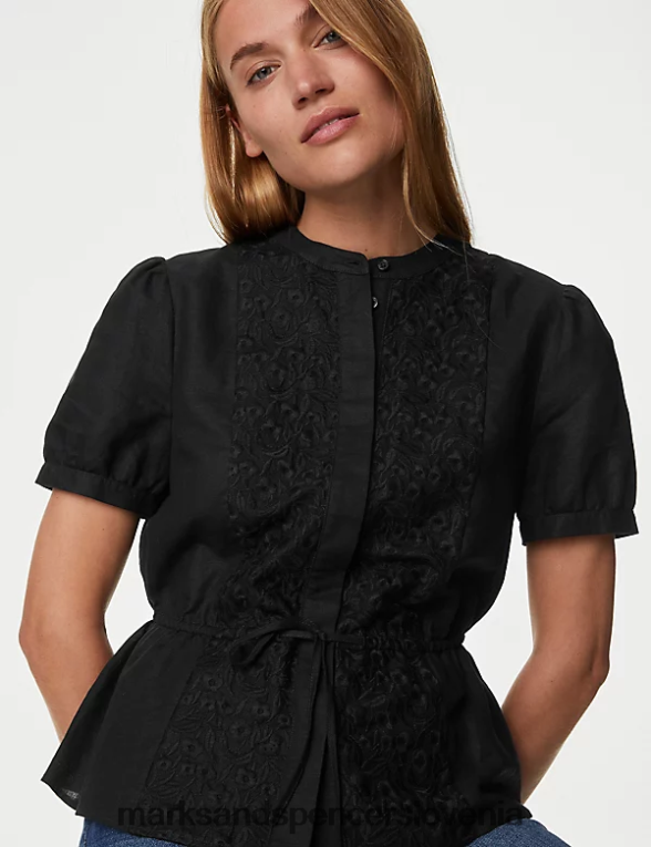 vezena bluza z visokim ovratnikom, bogato s platnom Črna Marks & Spencer oblačila ženske 6T8F6X42