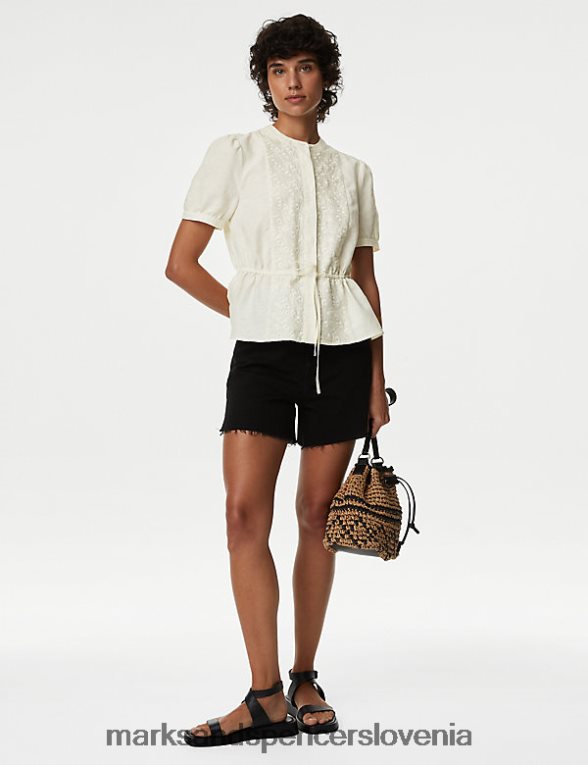 vezena bluza z visokim ovratnikom, bogato s platnom slonovina Marks & Spencer oblačila ženske 6T8F6X348