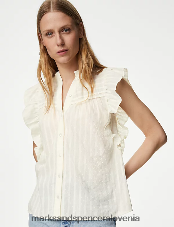 bluza z naborki iz čistega bombaža z visokim ovratnikom slonovina Marks & Spencer oblačila ženske 6T8F6X1423