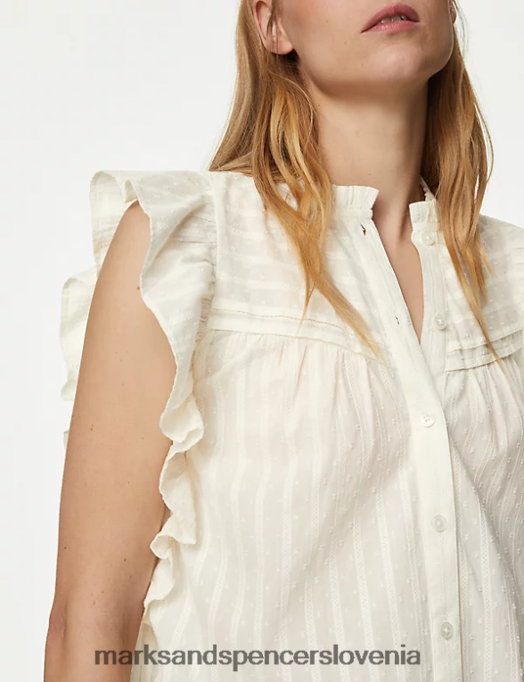 bluza z naborki iz čistega bombaža z visokim ovratnikom slonovina Marks & Spencer oblačila ženske 6T8F6X1423