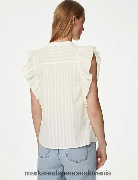 bluza z naborki iz čistega bombaža z visokim ovratnikom slonovina Marks & Spencer oblačila ženske 6T8F6X1423