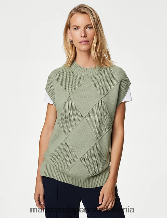 bombaž bogat pleten brezrokavnik z merino volno nežno zelena Marks & Spencer oblačila ženske 6T8F6X727