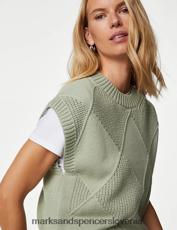 bombaž bogat pleten brezrokavnik z merino volno nežno zelena Marks & Spencer oblačila ženske 6T8F6X727