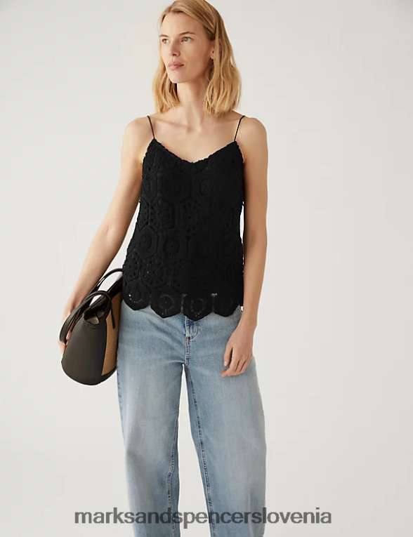 bombaž bogato vezen cami top Črna Marks & Spencer oblačila ženske 6T8F6X2689