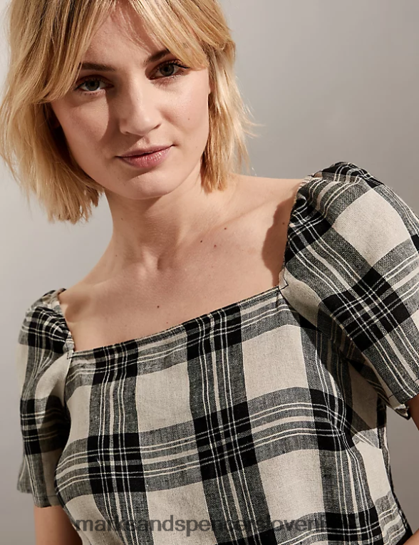kariran zgornji del iz čistega lanu črna mešanica Marks & Spencer oblačila ženske 6T8F6X1779