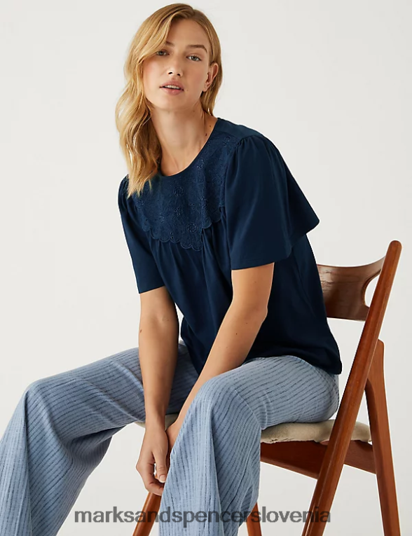 majica običajnega kroja iz vezenega jerseyja mornarica Marks & Spencer oblačila ženske 6T8F6X1796