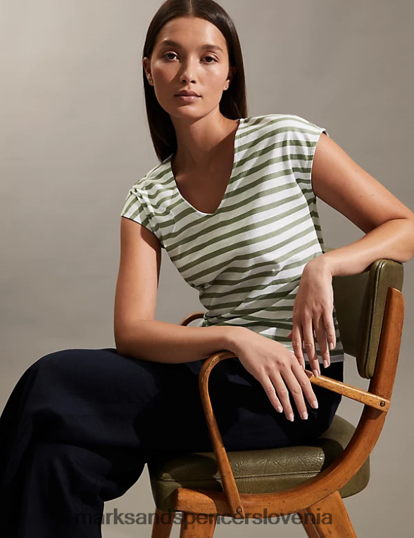 majica s črtastim brezrokavnikom kaki Marks & Spencer oblačila ženske 6T8F6X1484