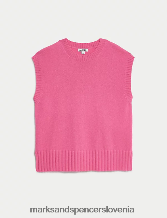 pleten brezrokavnik iz čistega kašmirja z okroglim izrezom roza Marks & Spencer oblačila ženske 6T8F6X1120