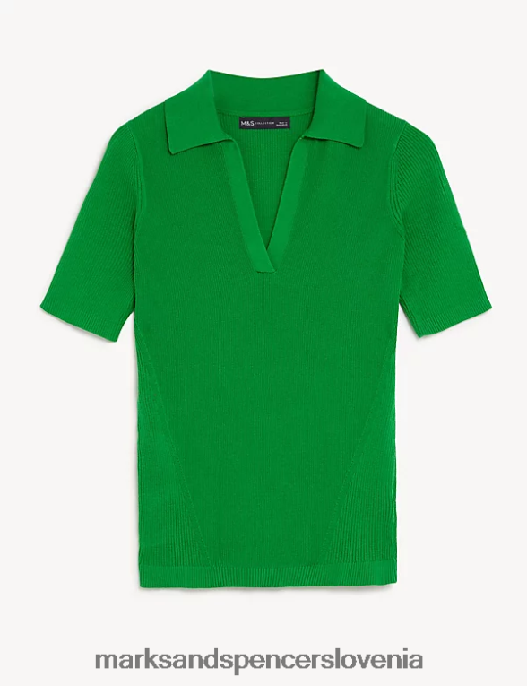 pleten top z bogatim bombažem in rebrastim ovratnikom srednje zelena Marks & Spencer oblačila ženske 6T8F6X1275