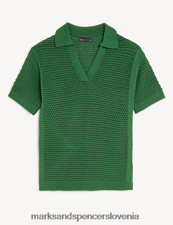pleten top z ovratnikom iz čistega bombaža srednje zelena Marks & Spencer oblačila ženske 6T8F6X298