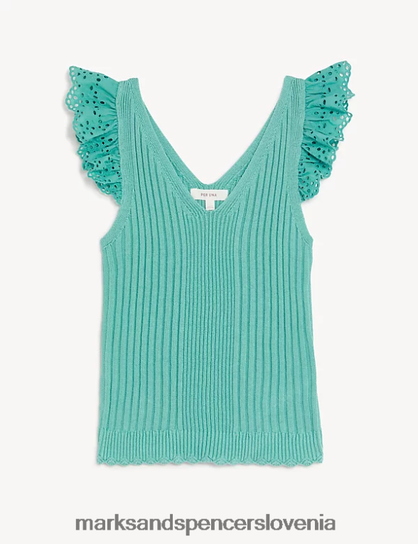 pleten zgornji del iz čistega bombaža z rebrastimi volančki morsko zelena Marks & Spencer oblačila ženske 6T8F6X2110