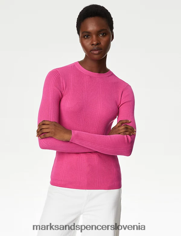 pletena majica z rebrastim ovratnikom fuksija Marks & Spencer oblačila ženske 6T8F6X1559