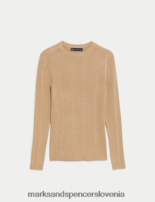 pletena majica z rebrastim ovratnikom kamela Marks & Spencer oblačila ženske 6T8F6X1562